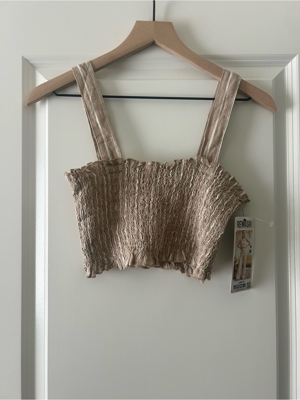 Rewash Beige Smocked Crop Top with Wide Straps